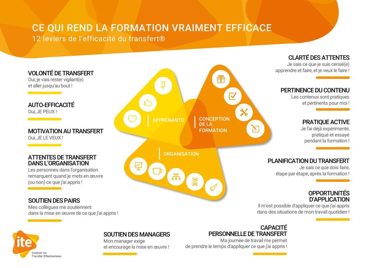 Les 12 leviers de l'efficacité du transfert, répartis en trois domaines : apprenants, conception de la formation, organisation