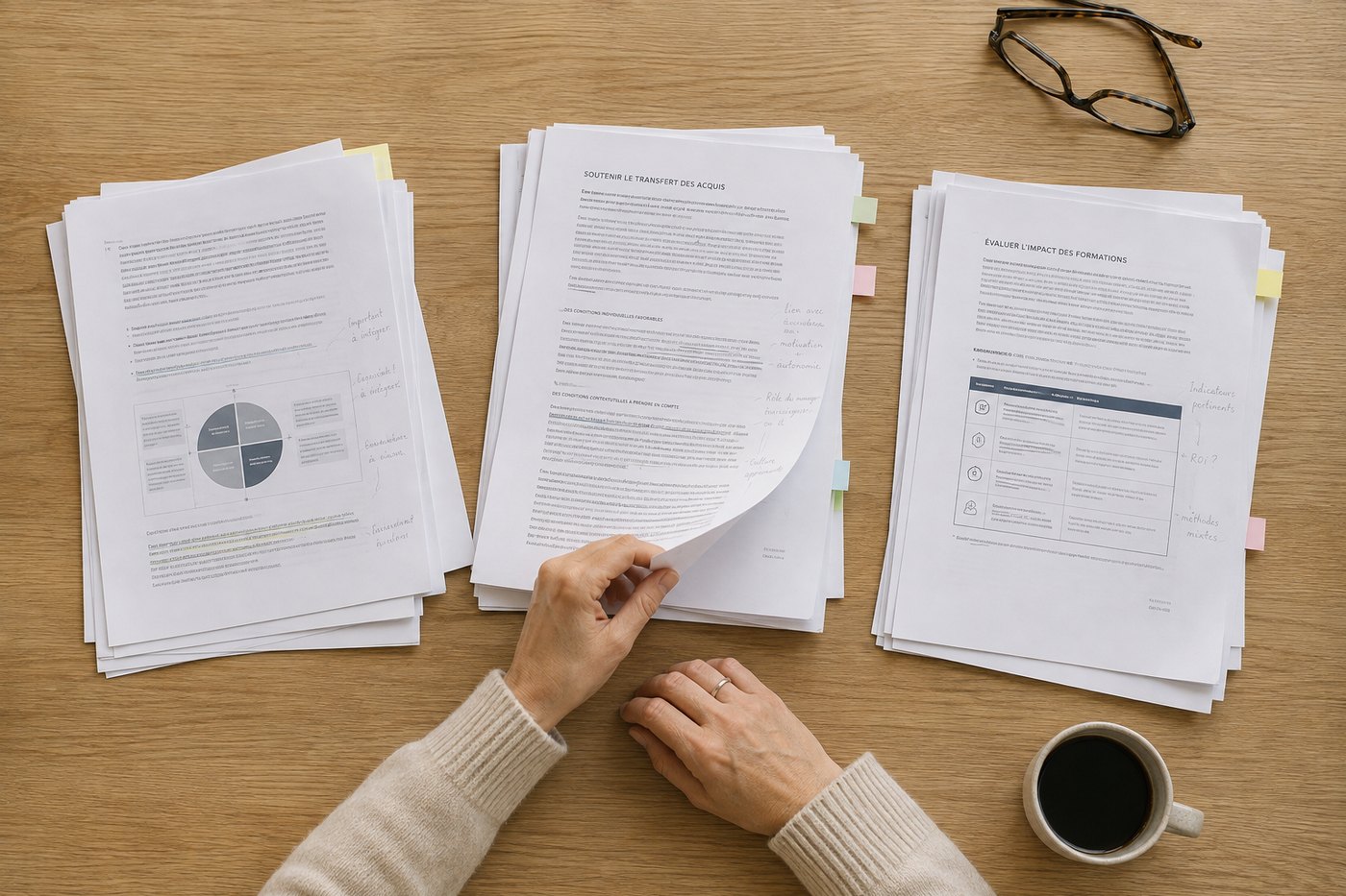 Articles imprimés et annotés, triés en trois piles