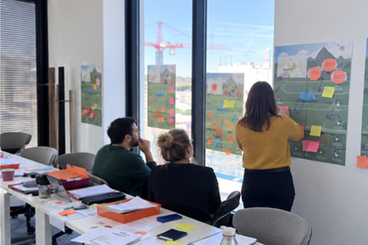 Des participants placent leurs interventions sur le parcours de transfert affiché au mur